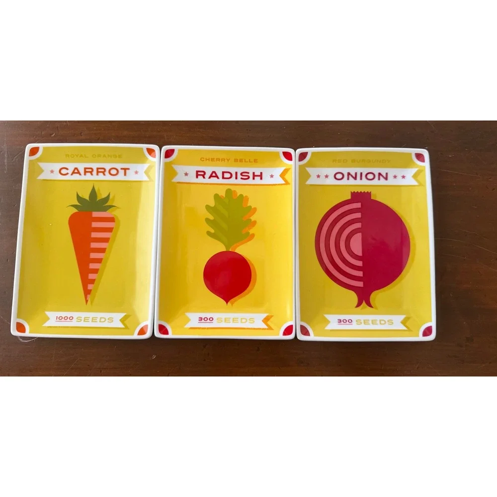 CRATE & BARREL Vegetable Seed Packet Ceramic 5x7 Appetizer Plates Set Of 3